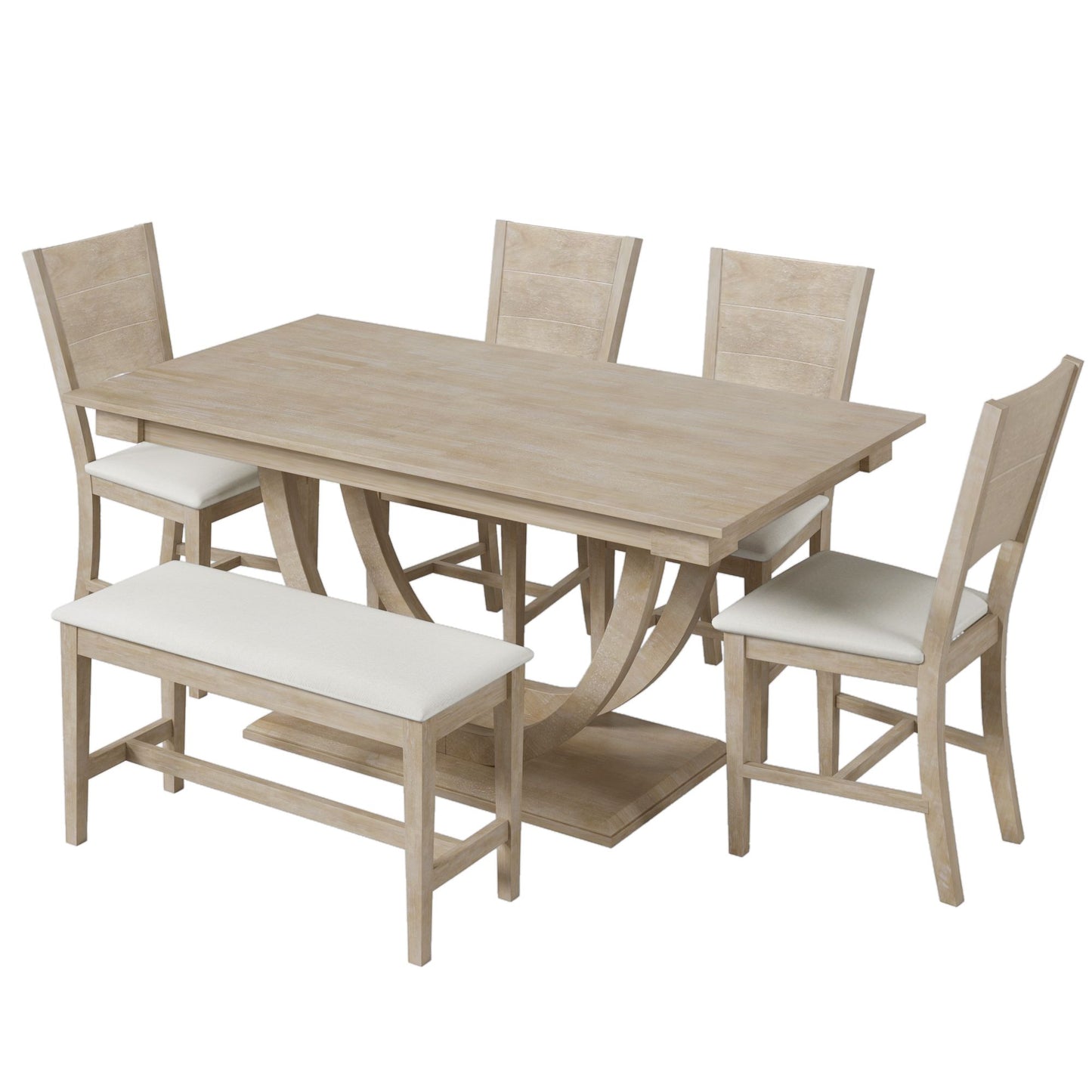 Melysen 6-Piece Wood Half Round Dining Table Set Kitchen Table Set with Long Bench and 4 Dining Chairs, Modern Style