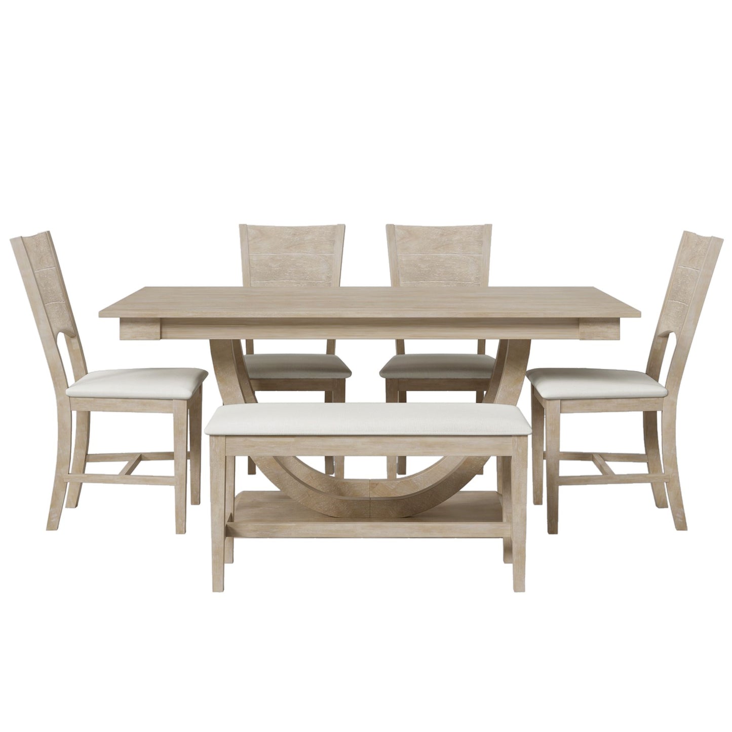 Melysen 6-Piece Wood Half Round Dining Table Set Kitchen Table Set with Long Bench and 4 Dining Chairs, Modern Style