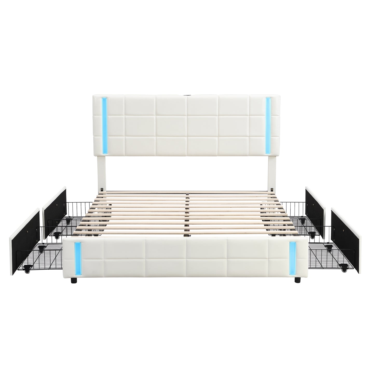 Melysen Queen Size Upholstered Platform Bed with LED Lights and USB Charging, Storage Bed with 4 Drawers