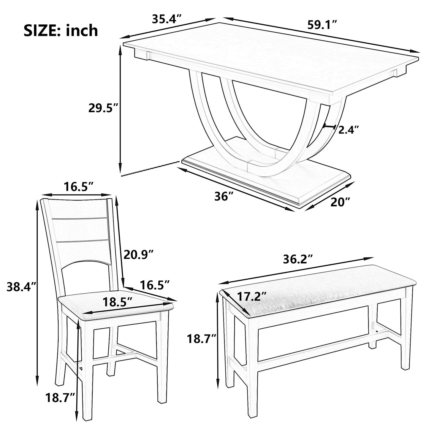 Melysen 6-Piece Wood Half Round Dining Table Set Kitchen Table Set with Long Bench and 4 Dining Chairs, Modern Style