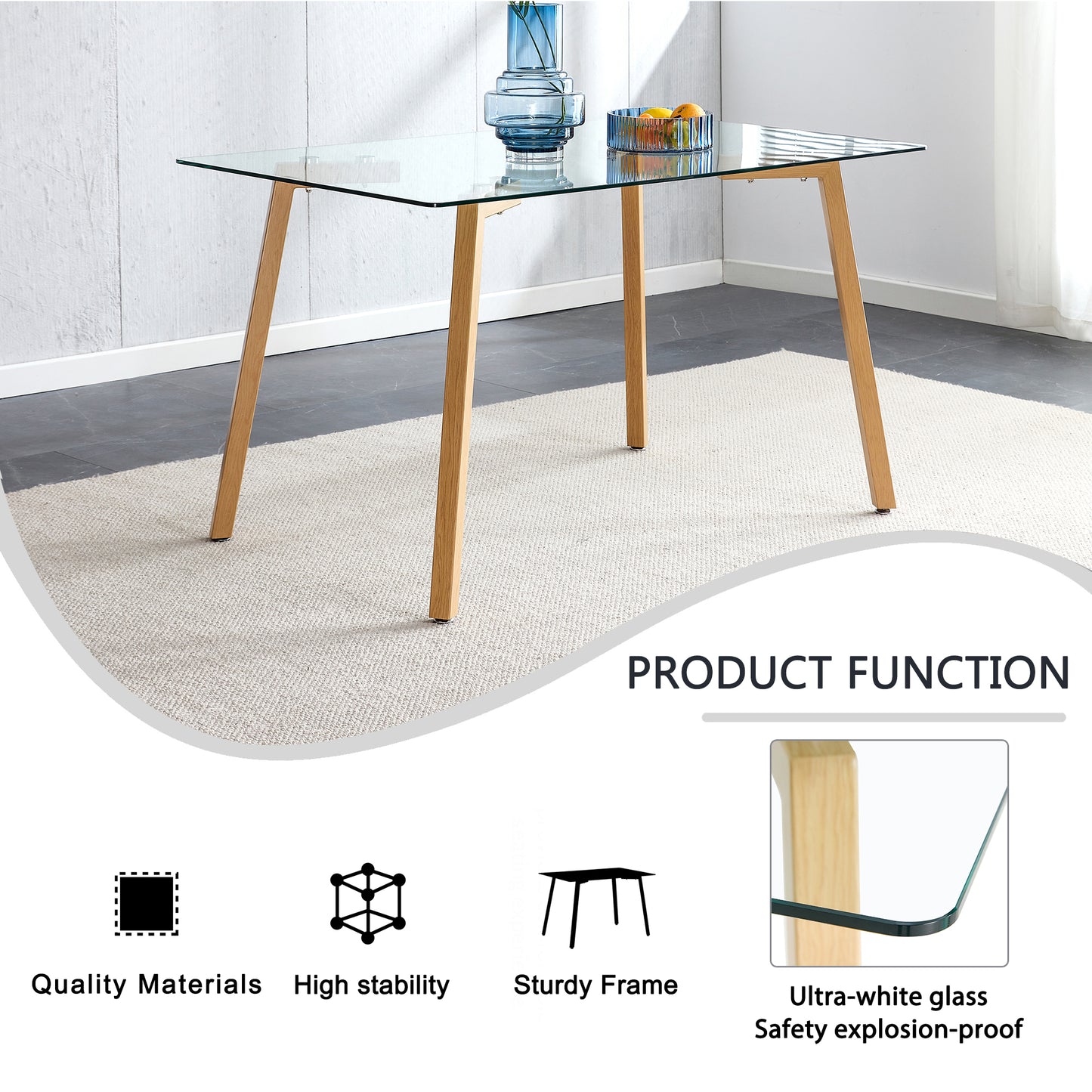 Melysen 1 Table+4 Chairs Set. Glass Dining Table, 0.31"Tempered Glass Tabletop and Wood Grain Metal Table Legs . Table Size: 47" W X 31"D X 30" H 1123