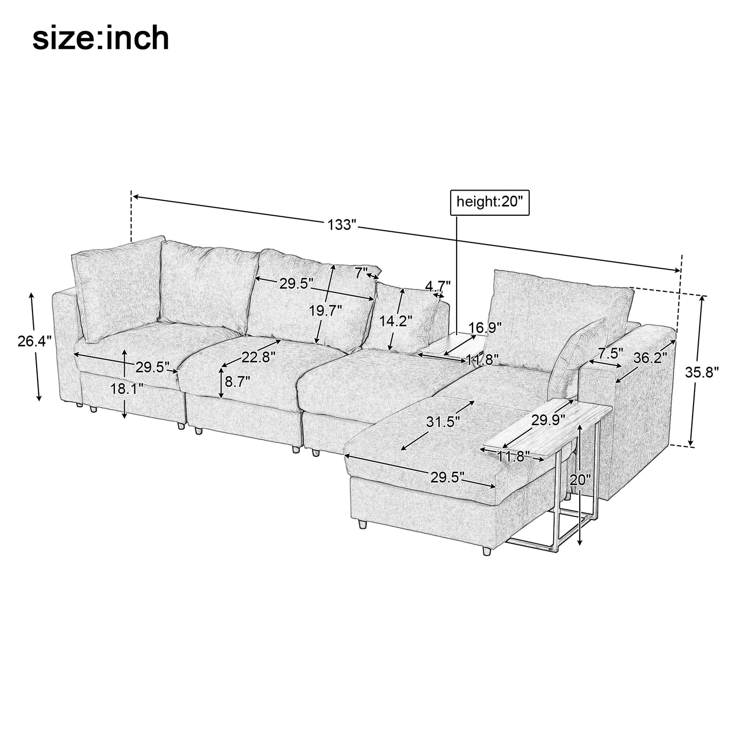 Melysen Modern Large L-Shape Sectional Sofa for Living Room£¬2 Pillows and 2 End Tables