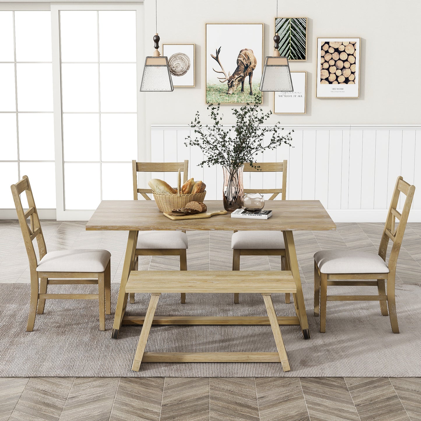 Melysen Farmhouse 6-Piece Dining Table Set with Cross Legs, Kitchen Set with 4 Upholstered Dining Chairs and Solid Wood Bench,Natural