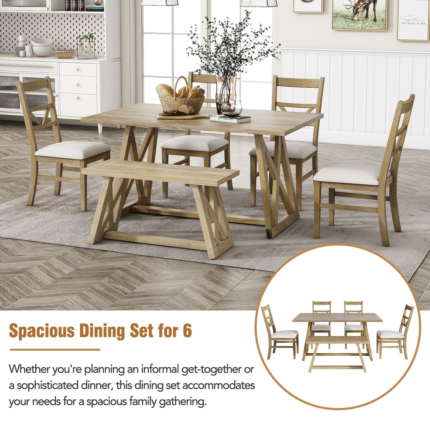 Melysen Farmhouse 6-Piece Dining Table Set with Cross Legs, Kitchen Set with 4 Upholstered Dining Chairs and Solid Wood Bench,Natural