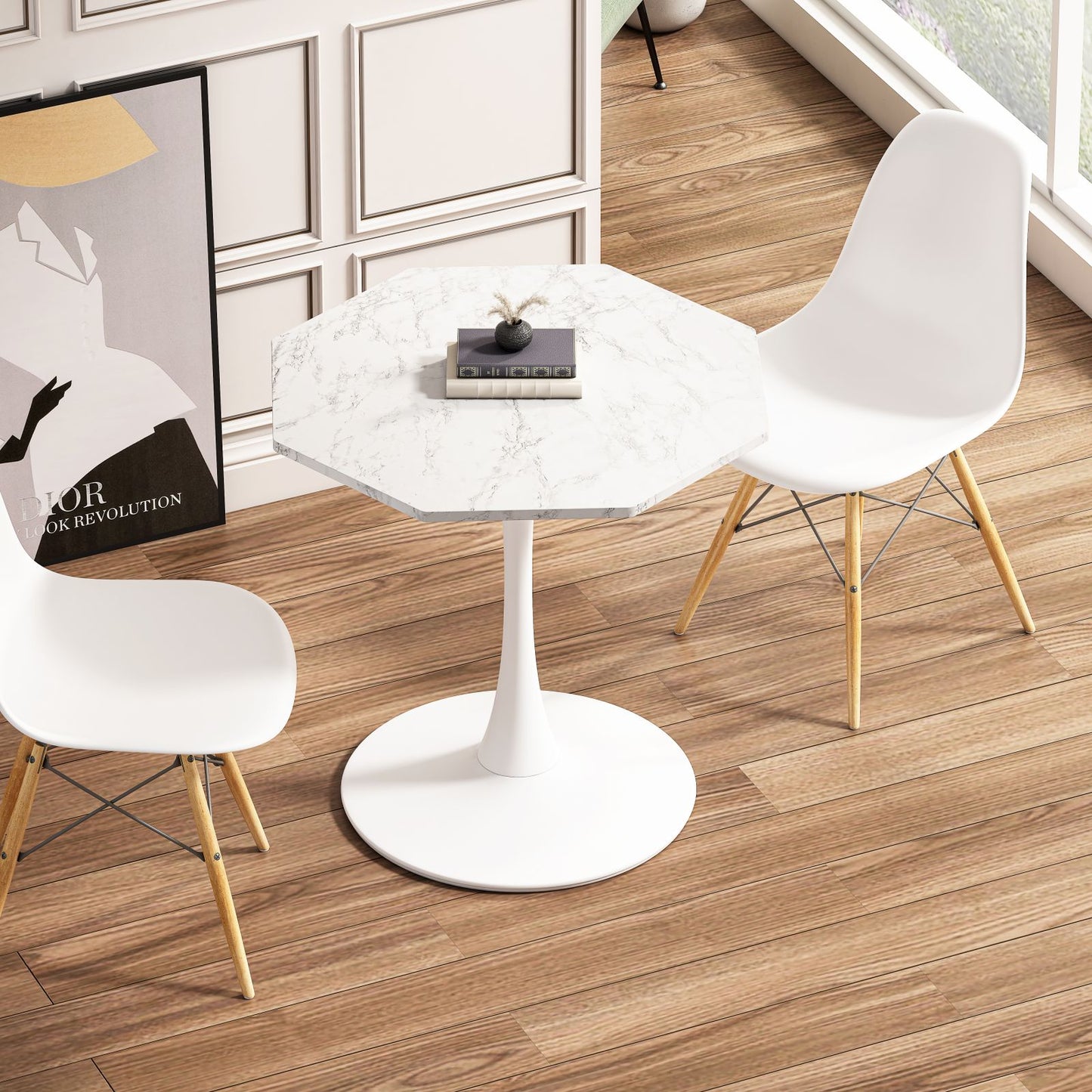 Melysen 31.50"Modern Octagonal Coffee Table with Printed White Marble Table Top,Metal Base, for Dining Room, Kitchen, Living Room