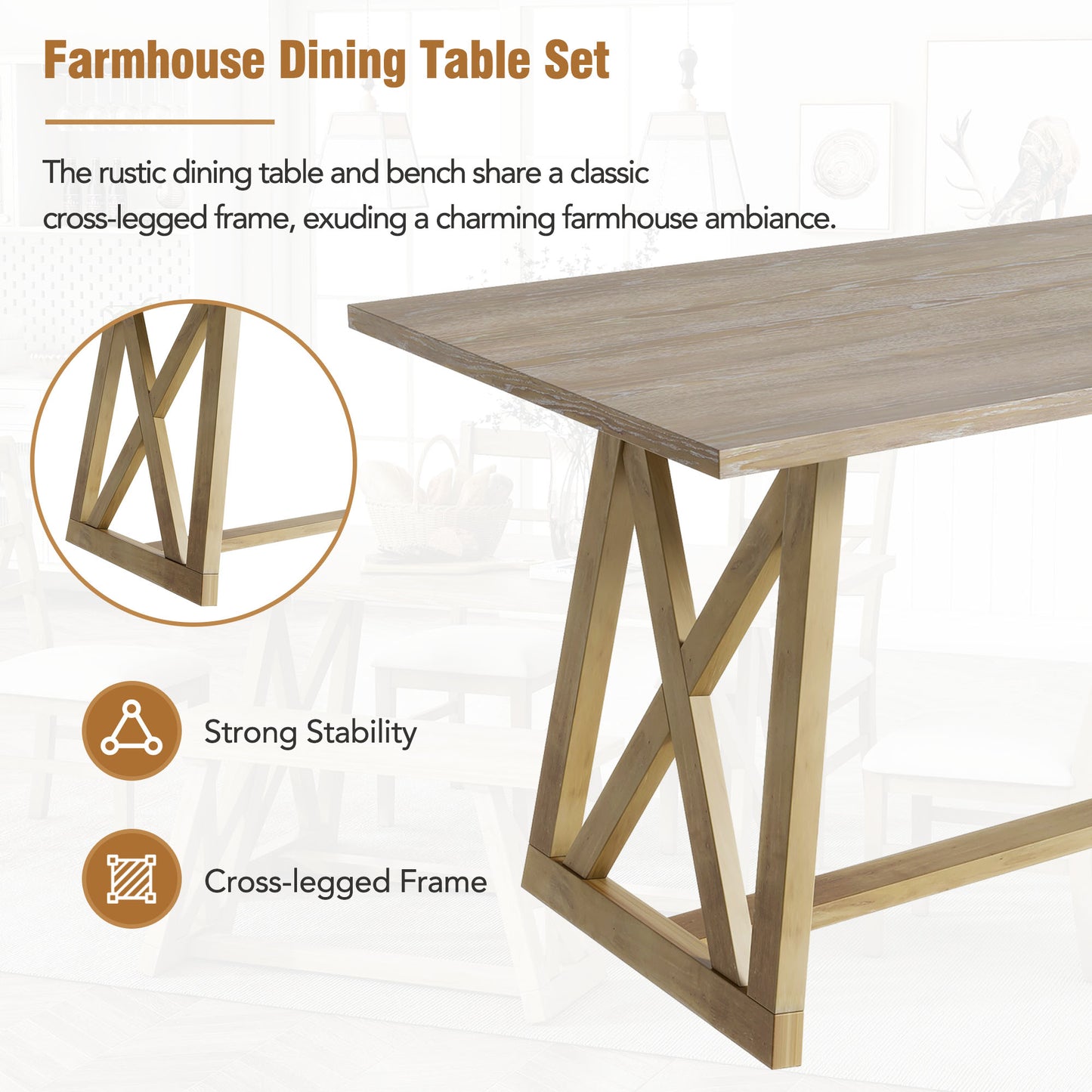 Melysen Farmhouse 6-Piece Dining Table Set with Cross Legs, Kitchen Set with 4 Upholstered Dining Chairs and Solid Wood Bench,Natural