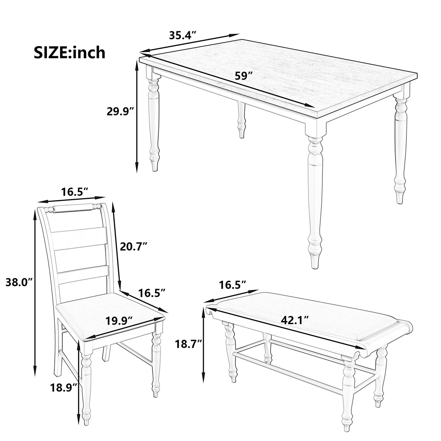 Melysen 6-peice Dining Set with Turned Legs, Kitchen Table Set with Upholstered Dining Chairs and Bench,Retro Style,White