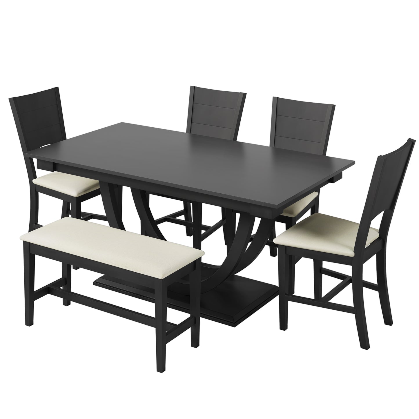 Melysen 6-Piece Wood Half Round Dining Table Set Kitchen Table Set with Long Bench and 4 Dining Chairs, Modern Style