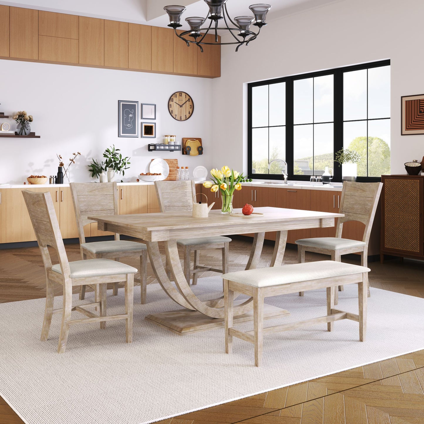 Melysen 6-Piece Wood Half Round Dining Table Set Kitchen Table Set with Long Bench and 4 Dining Chairs, Modern Style