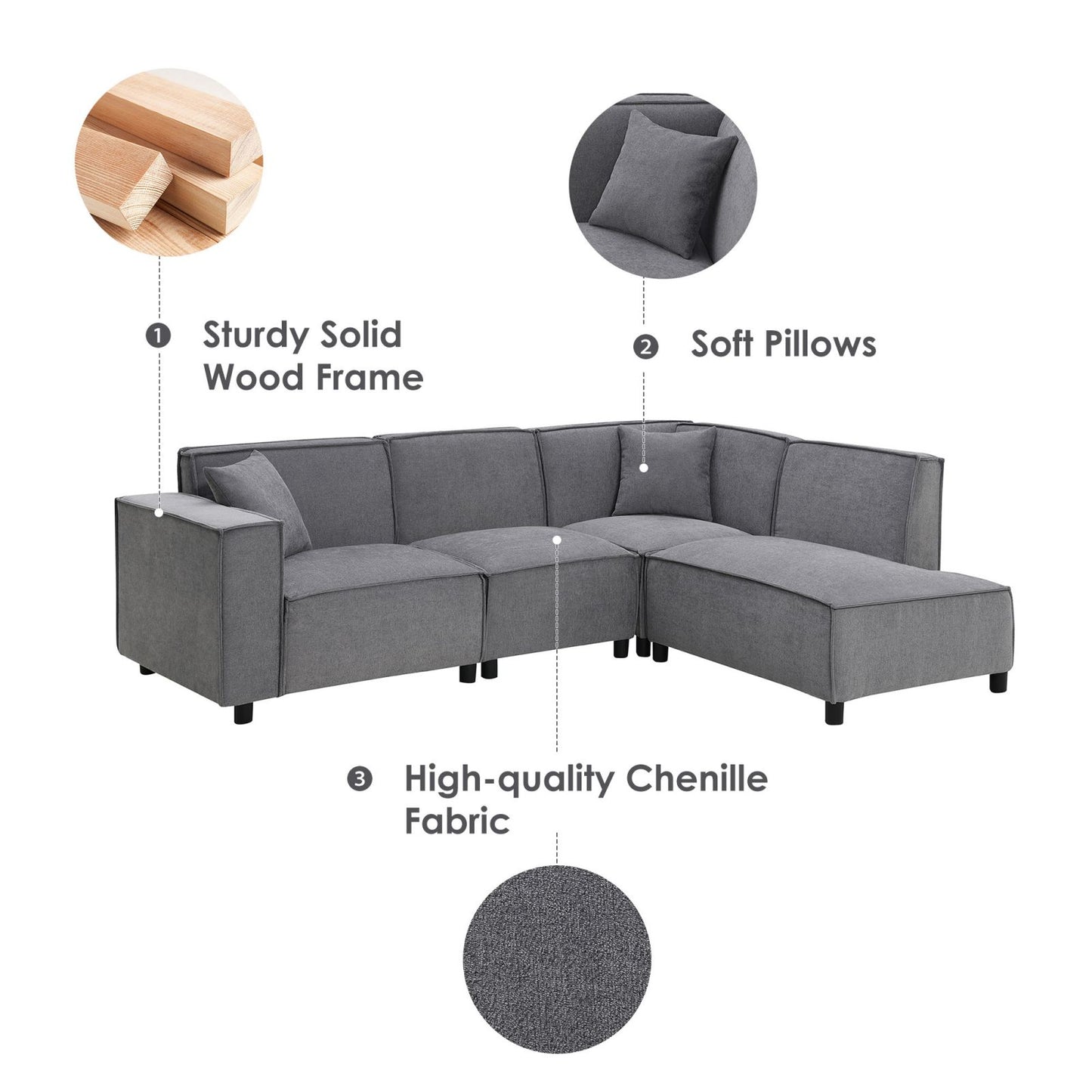 Melysen 97*74" Modern Minimalist Style Sectional Sofa,L-shaped Couch Set with 2 Free pillows,5-seat Chenille Fabric Couch with Chaise Lounge for Living Room, Apartment, Office,2 Colors