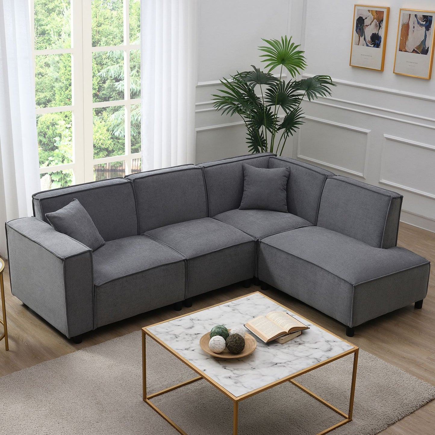 Melysen 97*74" Modern Minimalist Style Sectional Sofa,L-shaped Couch Set with 2 Free pillows,5-seat Chenille Fabric Couch with Chaise Lounge for Living Room, Apartment, Office,2 Colors