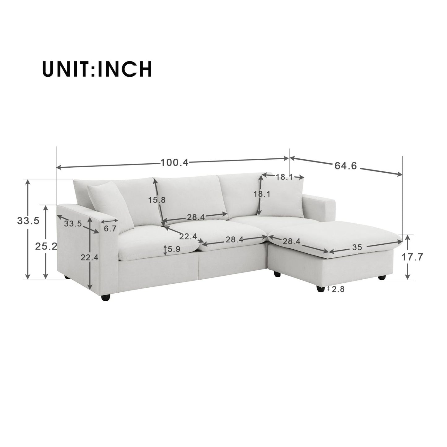 Melysen 100.4*64.6" Modern Sectional Sofa,L-shaped Couch Set with 2 Free pillows,4-seat Polyester Fabric Couch Set with Convertible Ottoman for Living Room, Apartment, Office,4 Colors