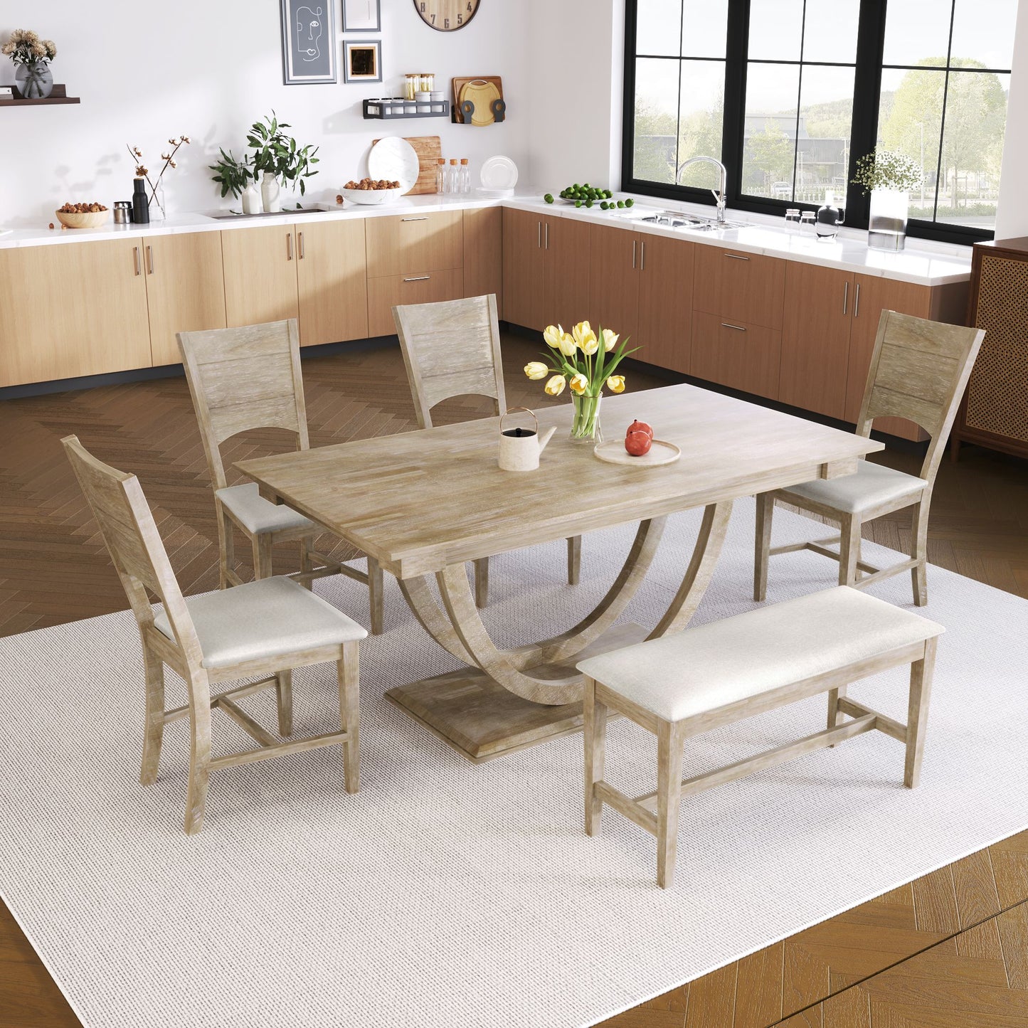 Melysen 6-Piece Wood Half Round Dining Table Set Kitchen Table Set with Long Bench and 4 Dining Chairs, Modern Style