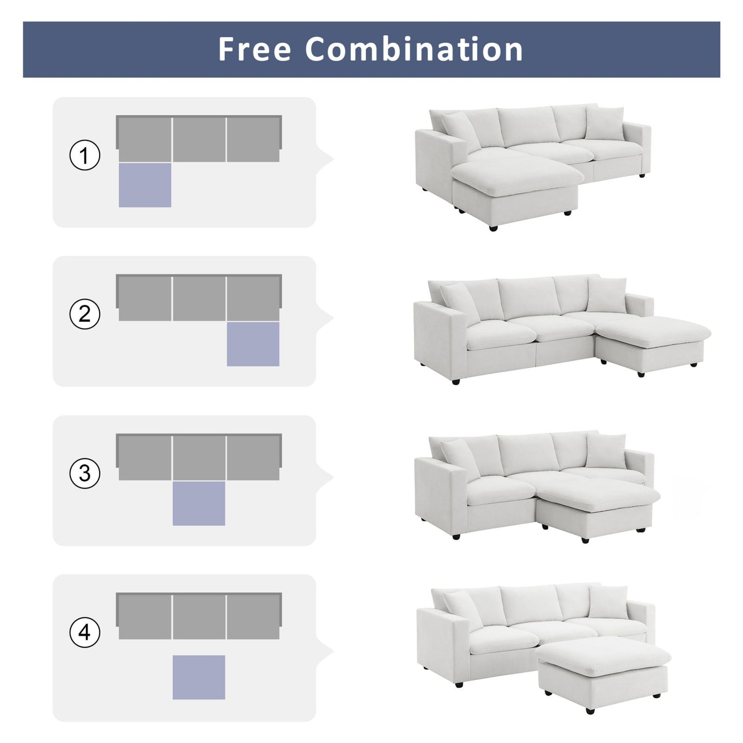 Melysen 100.4*64.6" Modern Sectional Sofa,L-shaped Couch Set with 2 Free pillows,4-seat Polyester Fabric Couch Set with Convertible Ottoman for Living Room, Apartment, Office,4 Colors