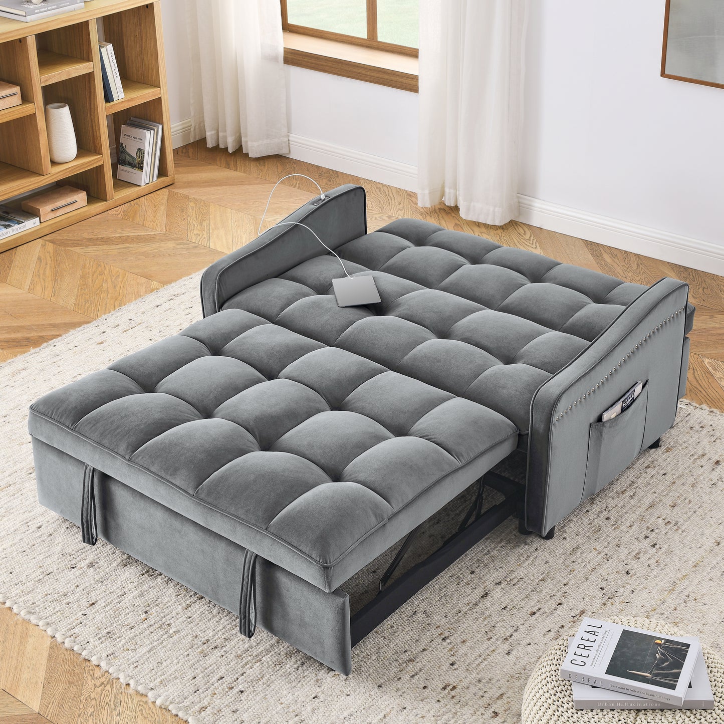 Melysen Loveseats Sofa Bed with Pull-out Bed,Adjsutable Back and Two Arm Pocket,TypeC and USB Charging with Copper nail