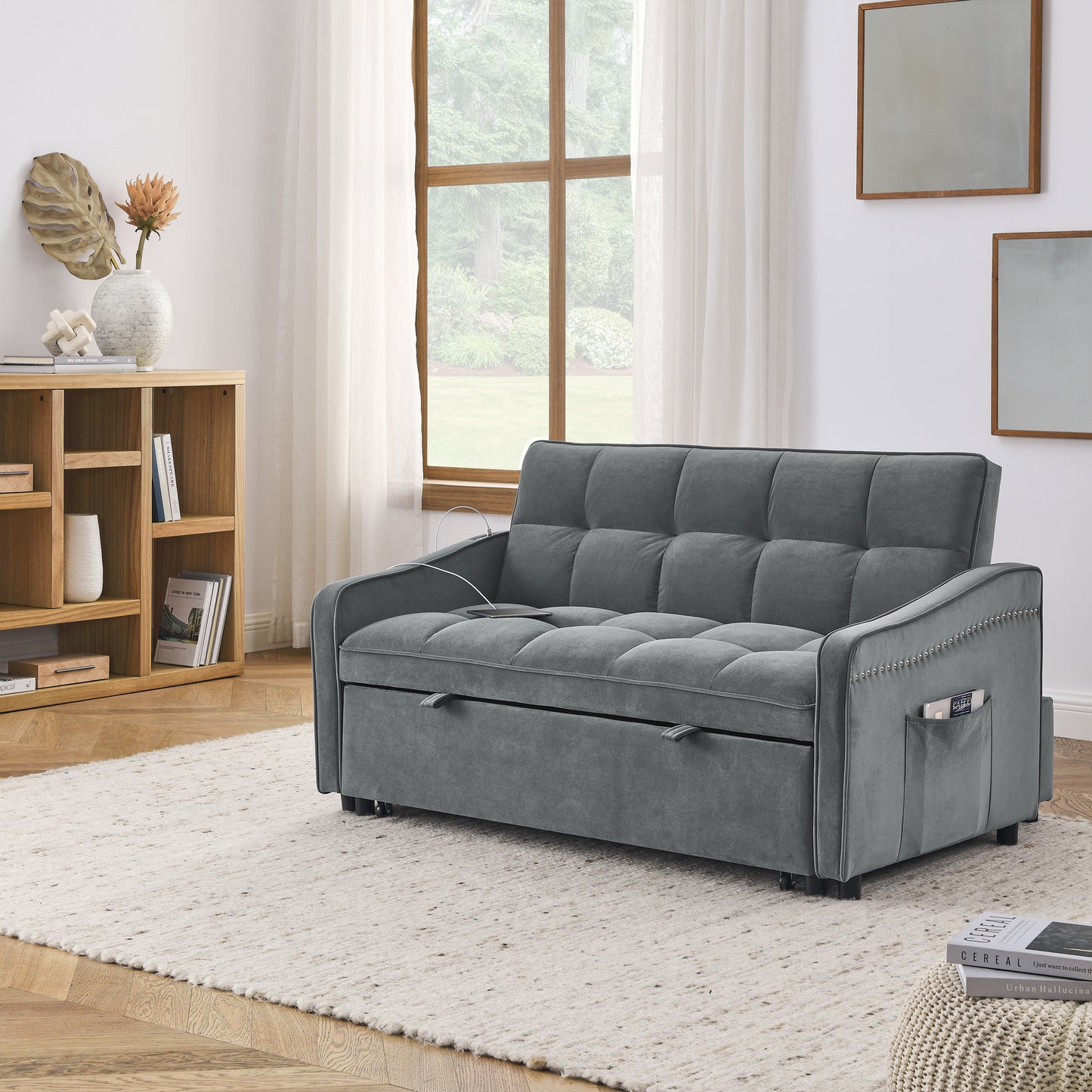 Melysen Loveseats Sofa Bed with Pull-out Bed,Adjsutable Back and Two Arm Pocket,TypeC and USB Charging with Copper nail