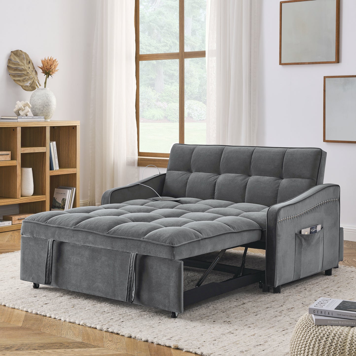 Melysen Loveseats Sofa Bed with Pull-out Bed,Adjsutable Back and Two Arm Pocket,TypeC and USB Charging with Copper nail