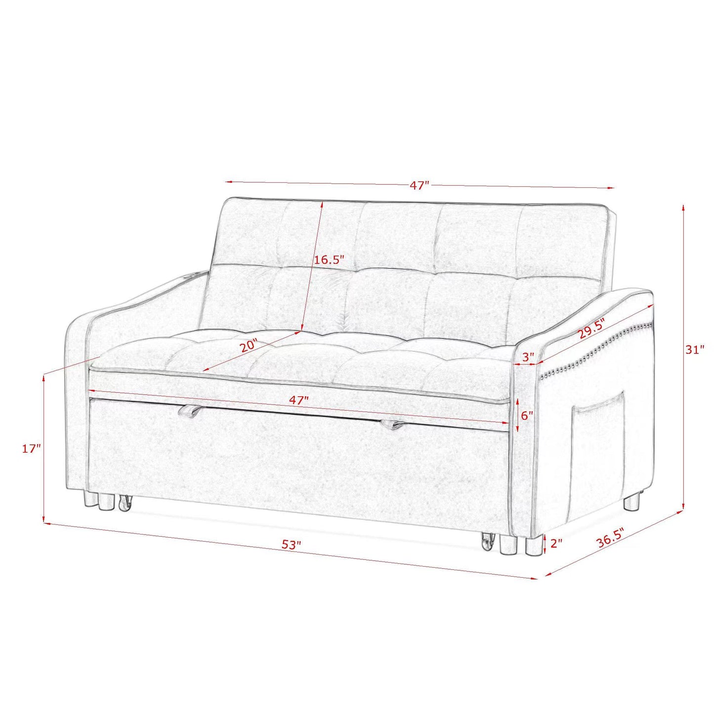 Melysen Loveseats Sofa Bed with Pull-out Bed,Adjsutable Back and Two Arm Pocket,TypeC and USB Charging with Copper nail