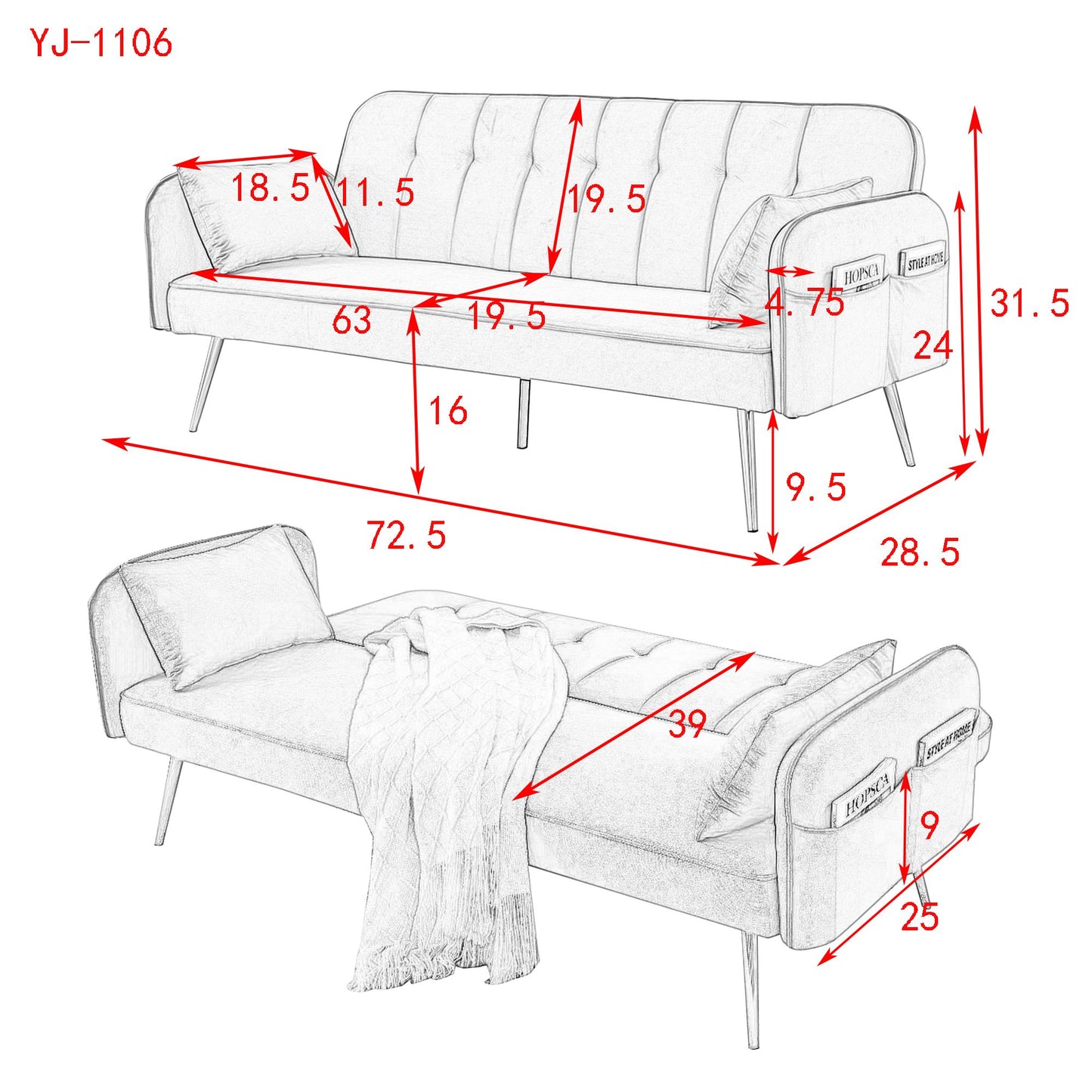 Melysen 72.5" Convertible Sofa Bed, Adjustable Velvet Sofa Bed - Velvet Folding Lounge Recliner - Reversible Daybed - Ideal for Bedroom with Two Pillows and Center Legin