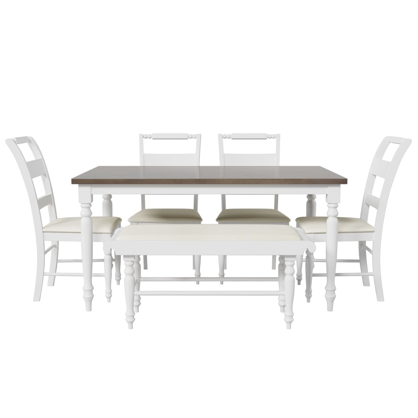 Melysen 6-peice Dining Set with Turned Legs, Kitchen Table Set with Upholstered Dining Chairs and Bench,Retro Style,White