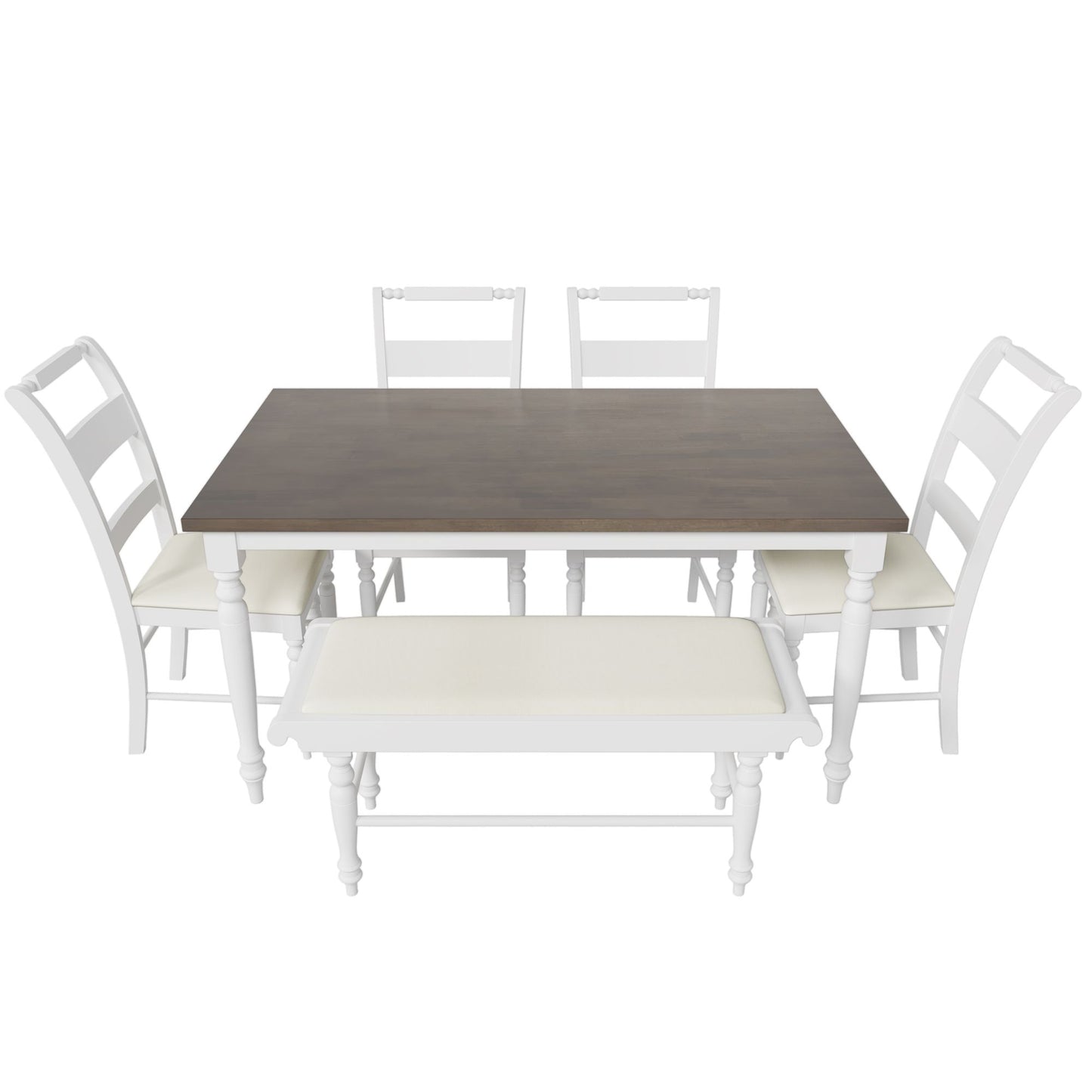 Melysen 6-peice Dining Set with Turned Legs, Kitchen Table Set with Upholstered Dining Chairs and Bench,Retro Style,White