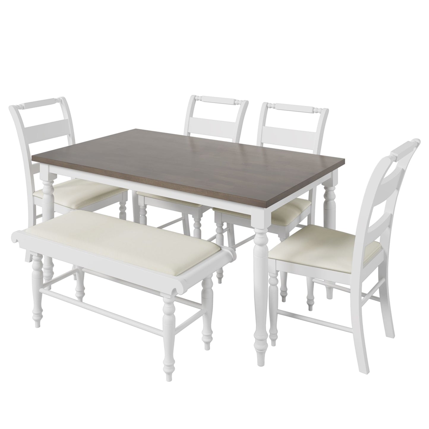 Melysen 6-peice Dining Set with Turned Legs, Kitchen Table Set with Upholstered Dining Chairs and Bench,Retro Style,White