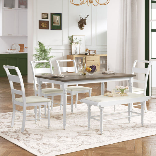 Melysen 6-peice Dining Set with Turned Legs, Kitchen Table Set with Upholstered Dining Chairs and Bench,Retro Style,White