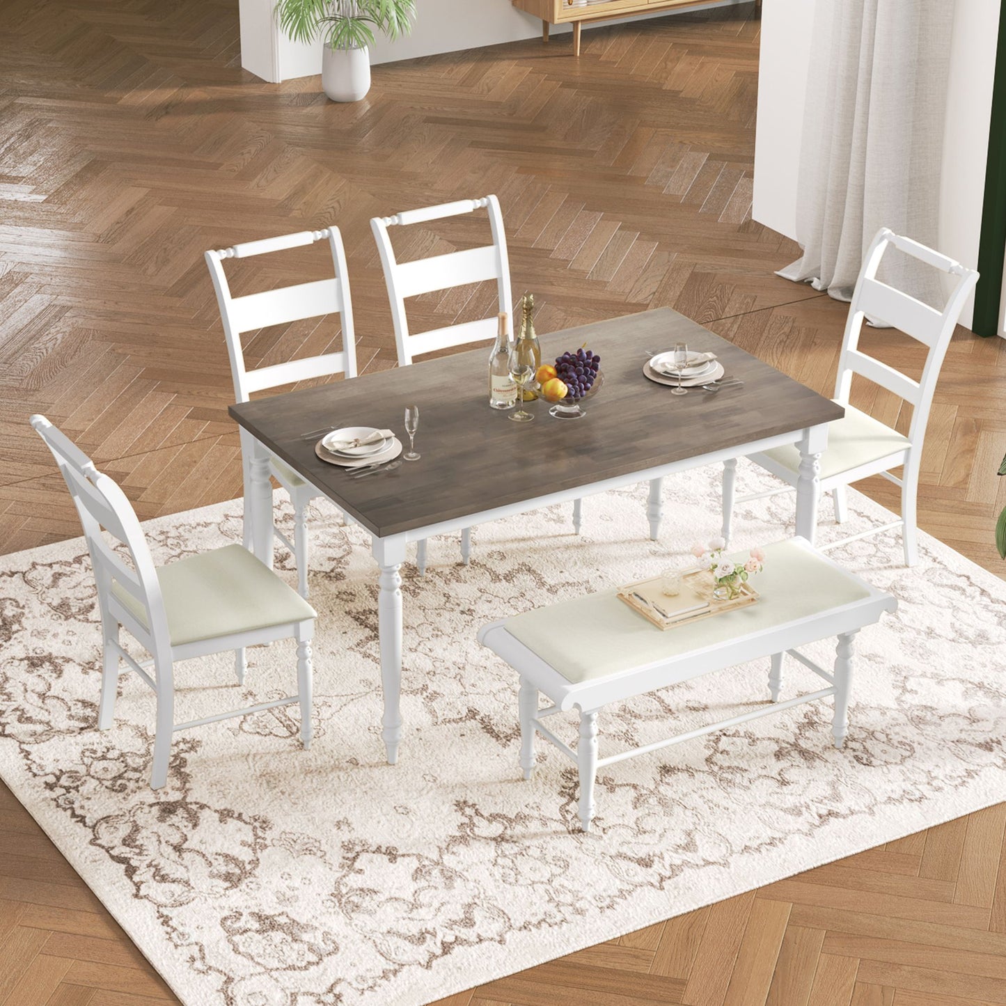 Melysen 6-peice Dining Set with Turned Legs, Kitchen Table Set with Upholstered Dining Chairs and Bench,Retro Style,White