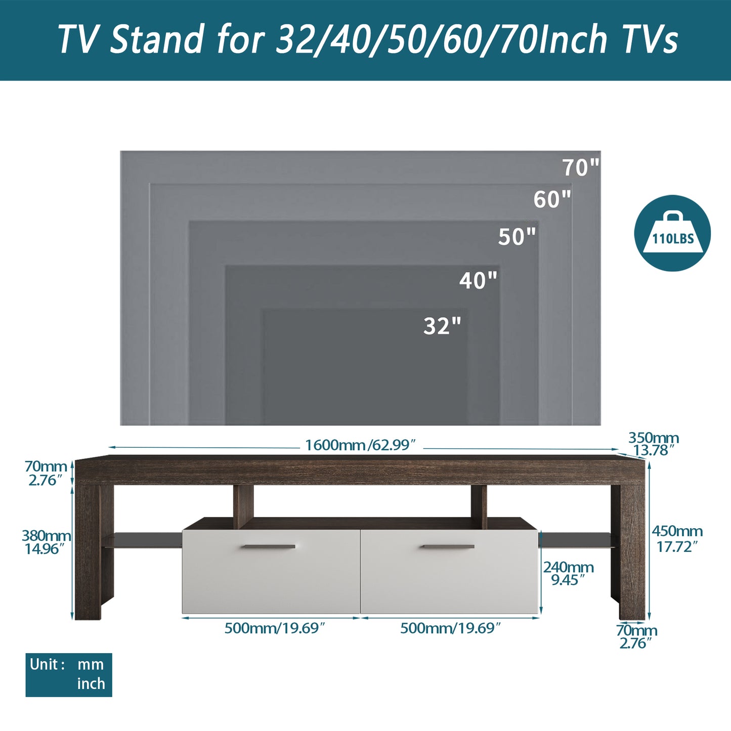 Melysen 20 minutes quick assembly brown simple modern TV stand with the toughened glass shelf Floor cabinet Floor TV wall cabinet Brown + white TV bracket with LED Color Changing Lights for Living Room,Brown+White