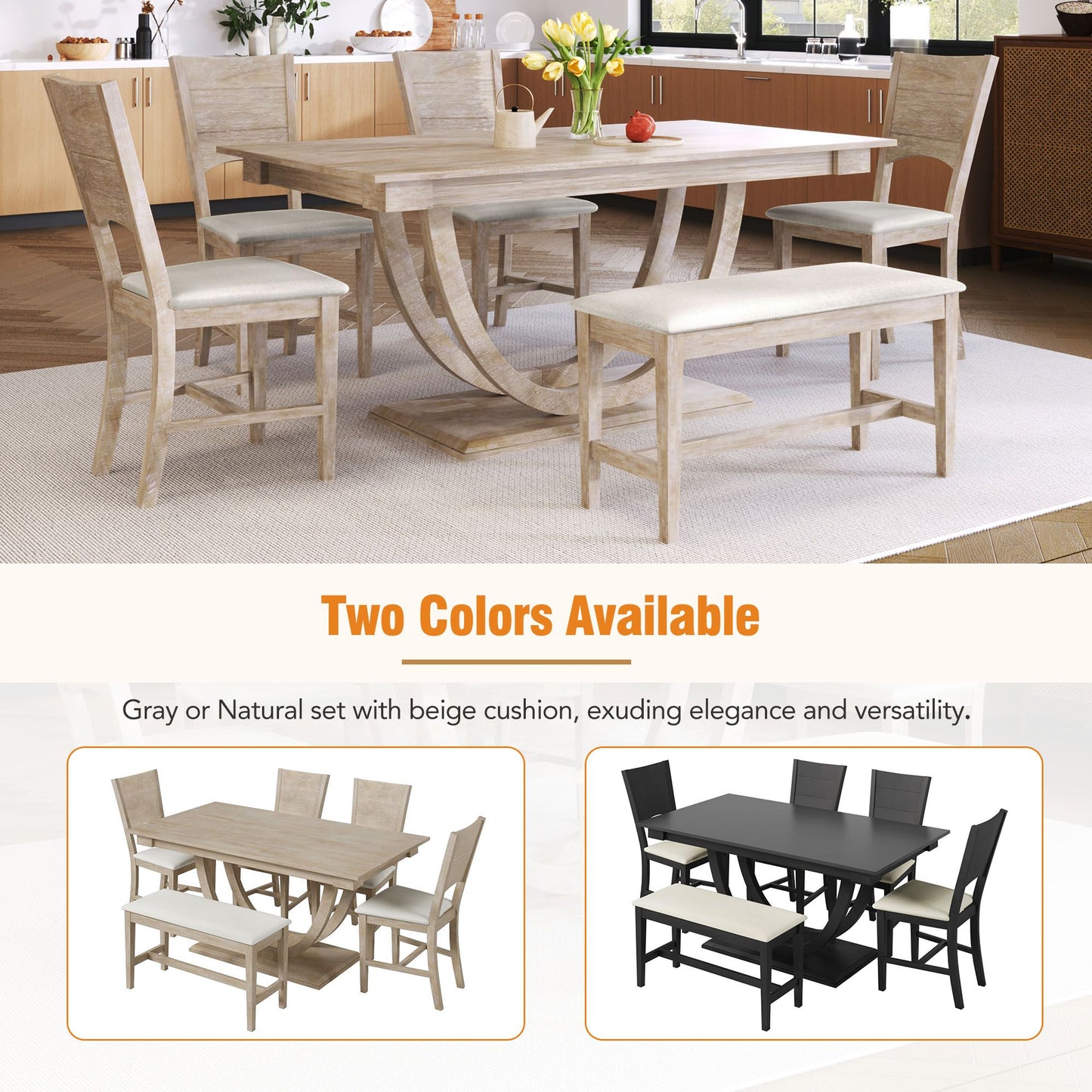 Melysen 6-Piece Wood Half Round Dining Table Set Kitchen Table Set with Long Bench and 4 Dining Chairs, Modern Style