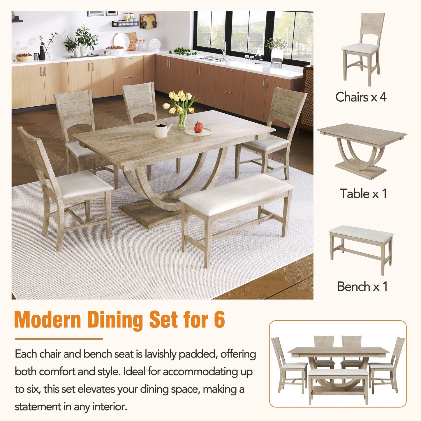 Melysen 6-Piece Wood Half Round Dining Table Set Kitchen Table Set with Long Bench and 4 Dining Chairs, Modern Style