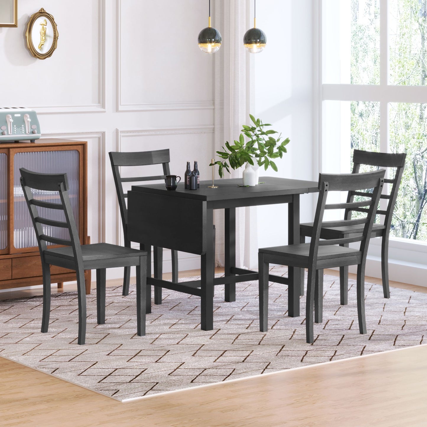 Melysen 5-Piece Wood Square Drop Leaf Breakfast Nook Extendable Dining Table Set with 4 Ladder Back Chairs for Small Places,Gray