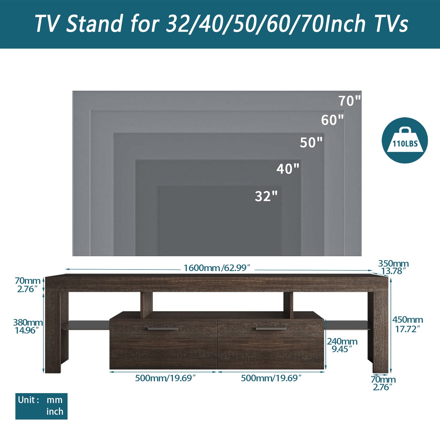 Melysen 20 minutes quick assembly brown simple modern TV stand with the toughened glass shelf Floor cabinet Floor TV wall cabinet Brown + whiteTV bracket with LED Color Changing Lights for Living Room,Brown