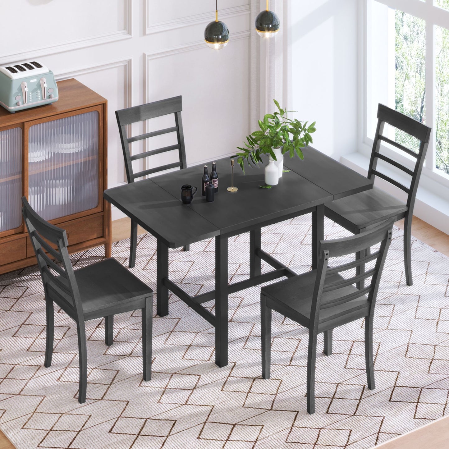 Melysen 5-Piece Wood Square Drop Leaf Breakfast Nook Extendable Dining Table Set with 4 Ladder Back Chairs for Small Places,Gray