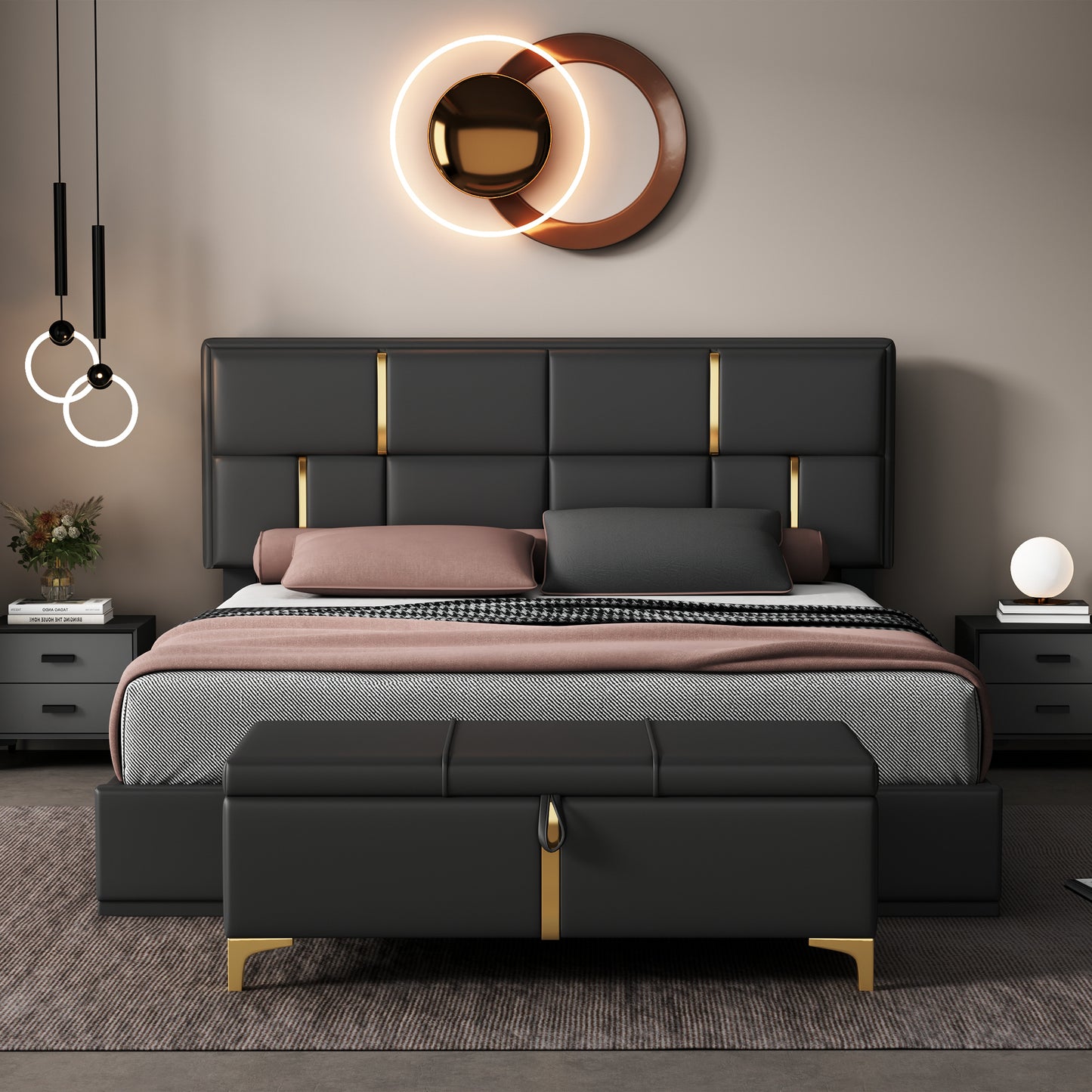 Melysen 2-Pieces Bedroom Sets,Queen Size Upholstered Platform Bed with Hydraulic Storage System,Storage Ottoman with Metal Legs