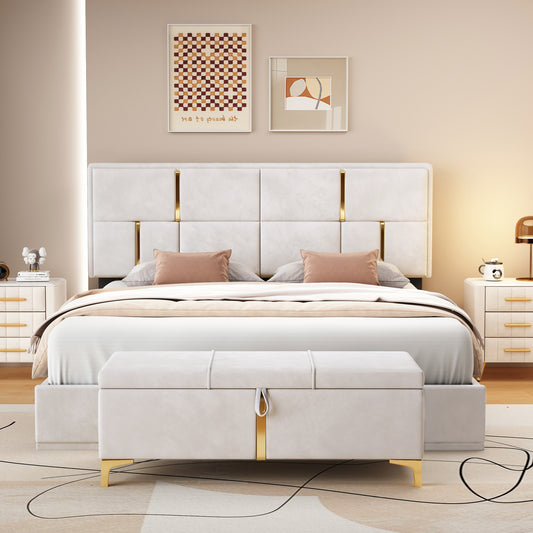 Melysen 2-Pieces Bedroom Sets,Queen Size Upholstered Platform Bed with Hydraulic Storage System,Storage Ottoman with Metal Legs