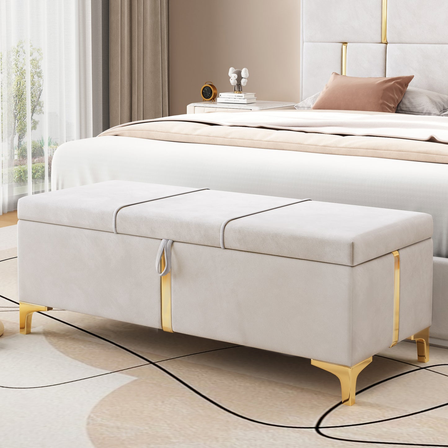 Melysen Elegant Upholstered Storage Ottoman,Storage Bench with Metal Legs for Bedroom,Living Room,Fully Assembled Except Legs