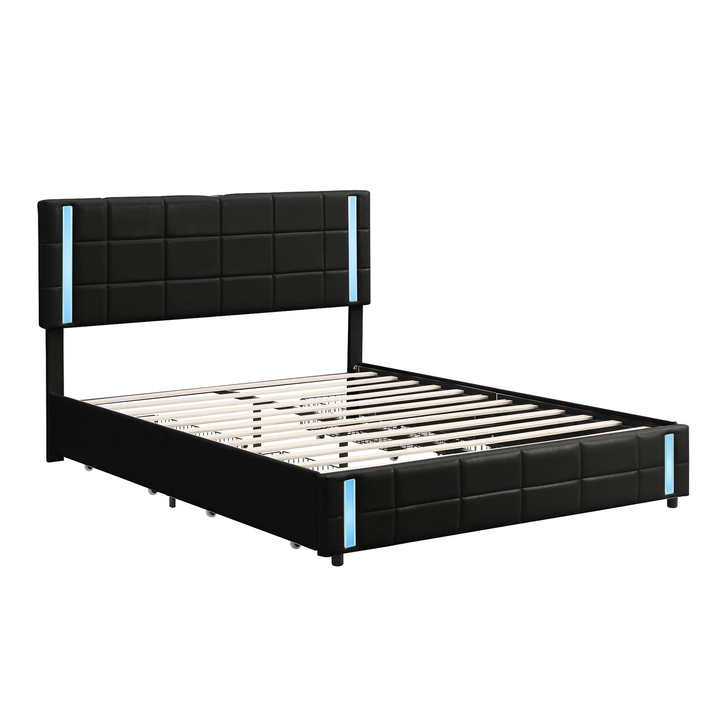 Melysen Queen Size Upholstered Platform Bed with LED Lights and USB Charging, Storage Bed with 4 Drawers