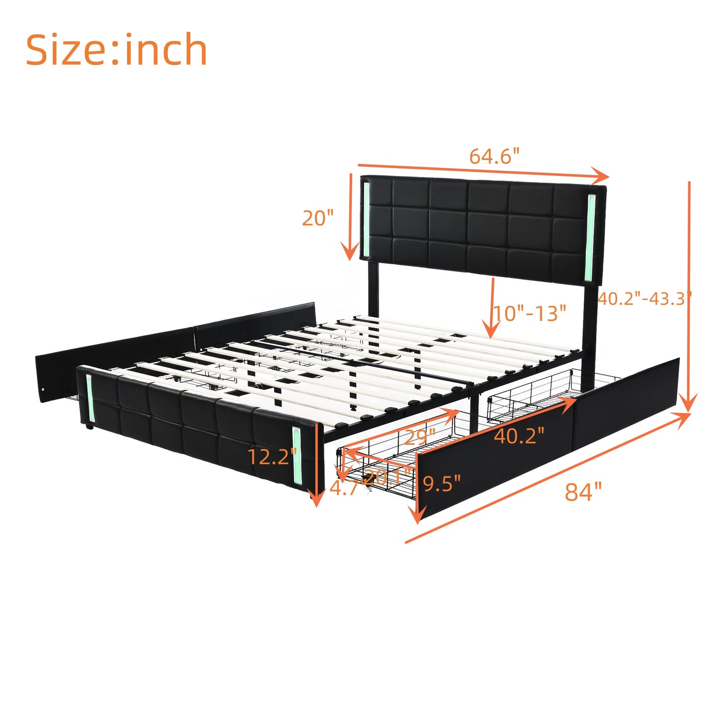 Melysen Queen Size Upholstered Platform Bed with LED Lights and USB Charging, Storage Bed with 4 Drawers