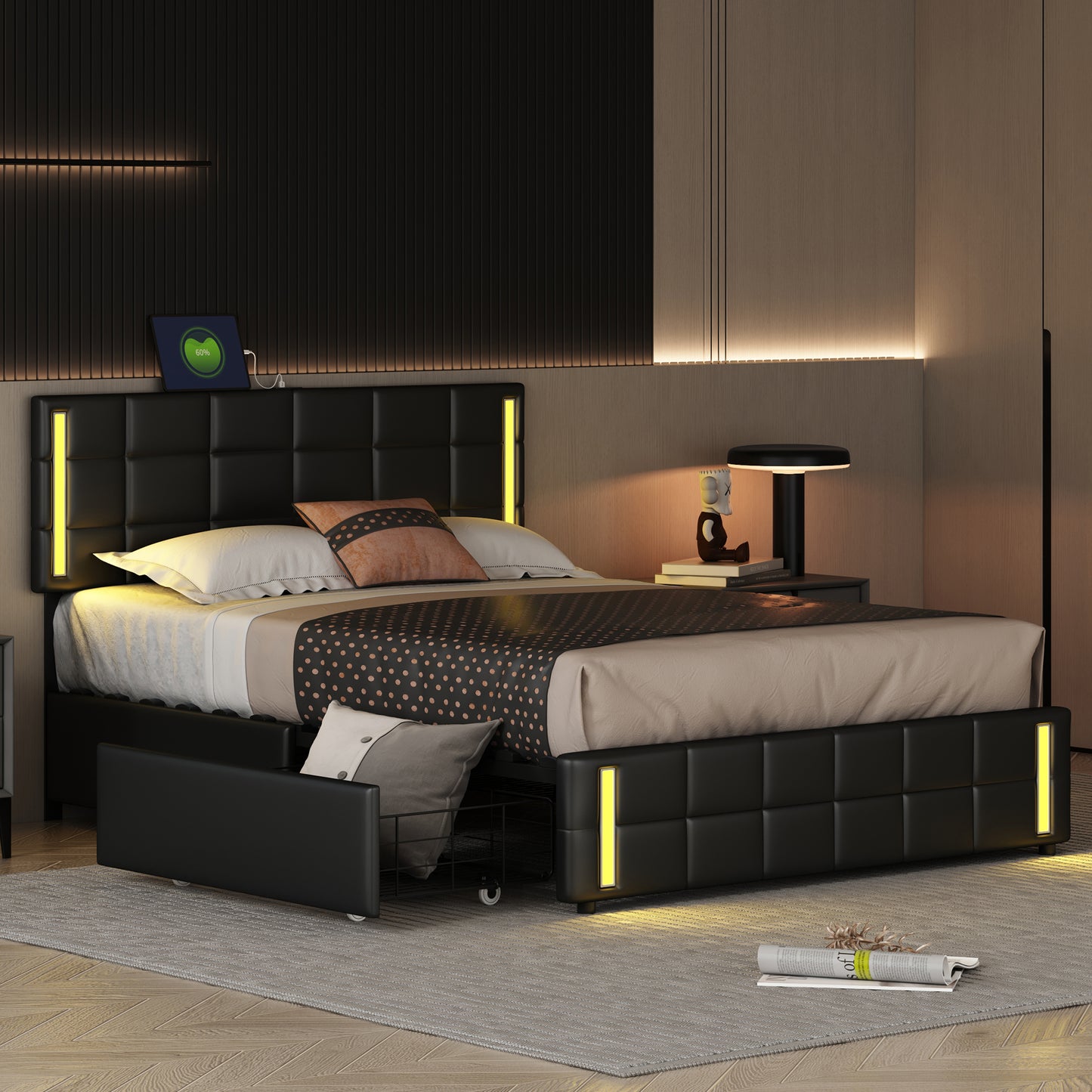 Melysen Queen Size Upholstered Platform Bed with LED Lights and USB Charging, Storage Bed with 4 Drawers