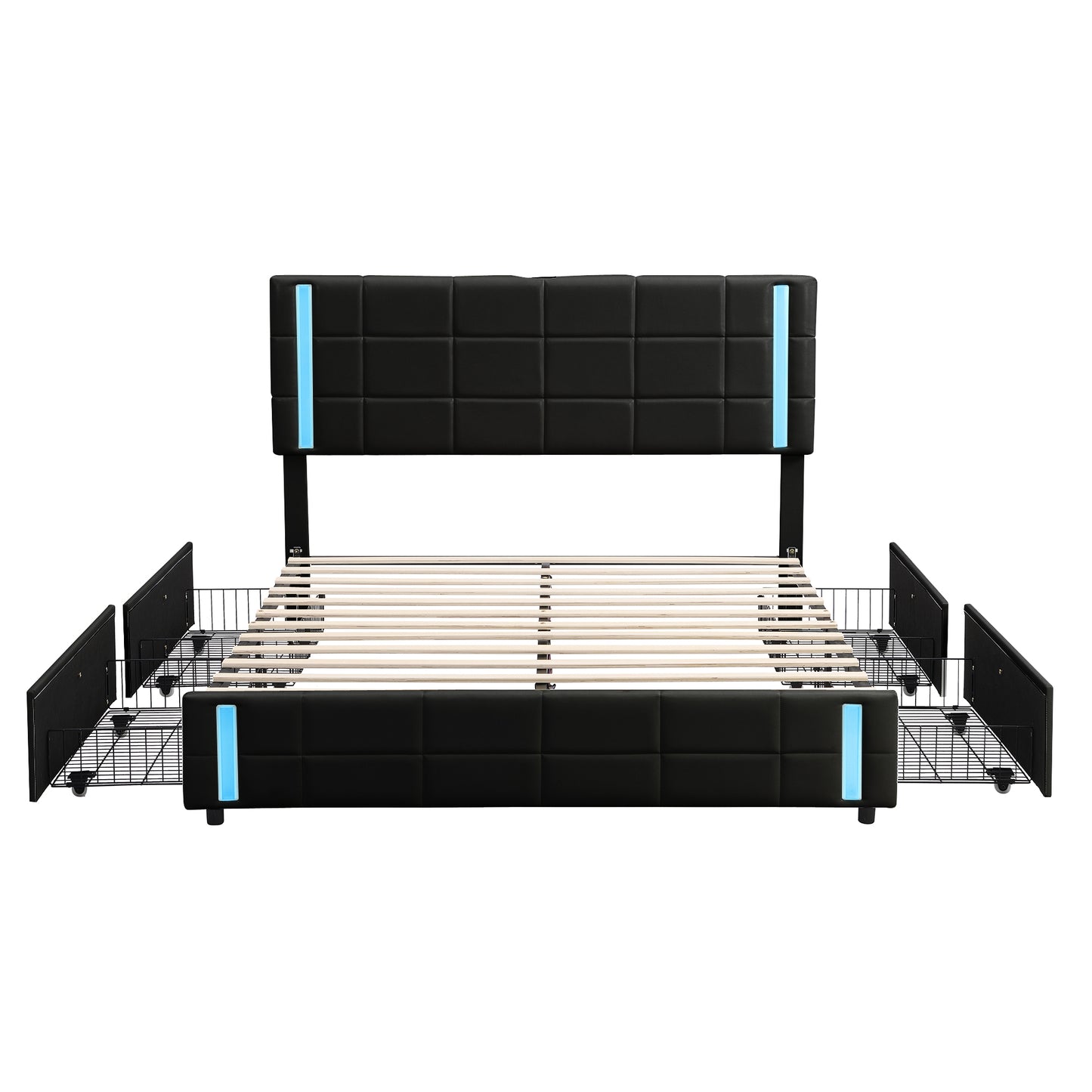 Melysen Queen Size Upholstered Platform Bed with LED Lights and USB Charging, Storage Bed with 4 Drawers