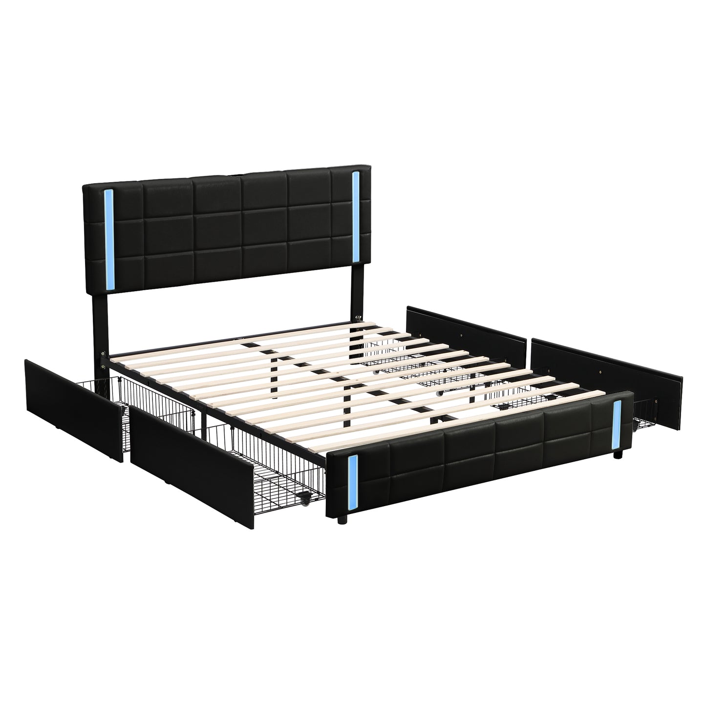 Melysen Queen Size Upholstered Platform Bed with LED Lights and USB Charging, Storage Bed with 4 Drawers