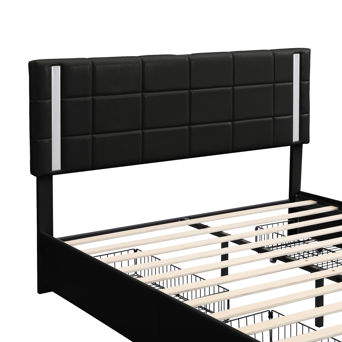 Melysen Queen Size Upholstered Platform Bed with LED Lights and USB Charging, Storage Bed with 4 Drawers