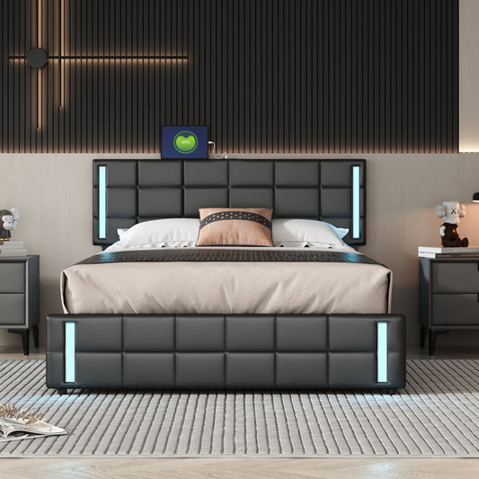 Melysen Queen Size Upholstered Platform Bed with LED Lights and USB Charging, Storage Bed with 4 Drawers