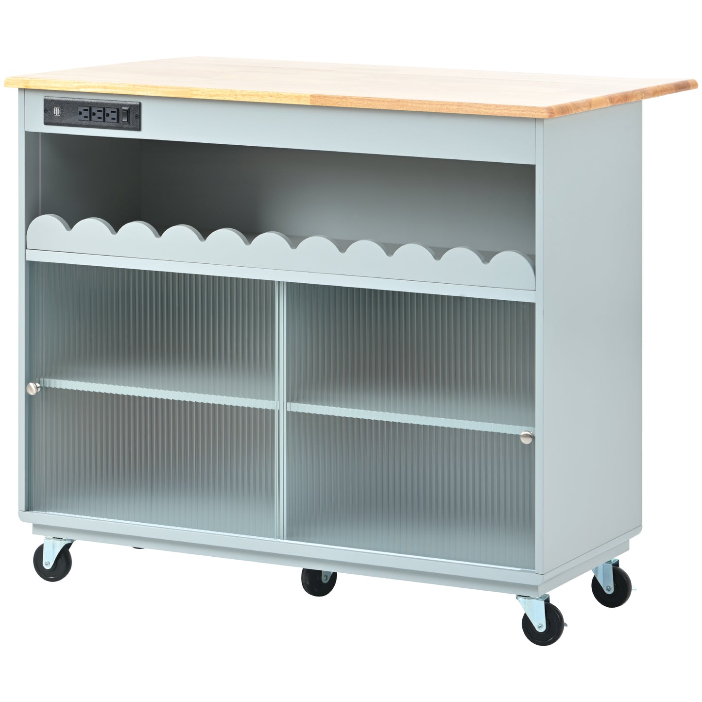 Melysen Kitchen Island with Drop Leaf, LED Light Kitchen Cart on Wheels with Power Outlets, 2 Sliding Fluted Glass Doors, Large Kitchen Island Cart with 2 Cabinet and 1 open Shelf (Grey Blue)