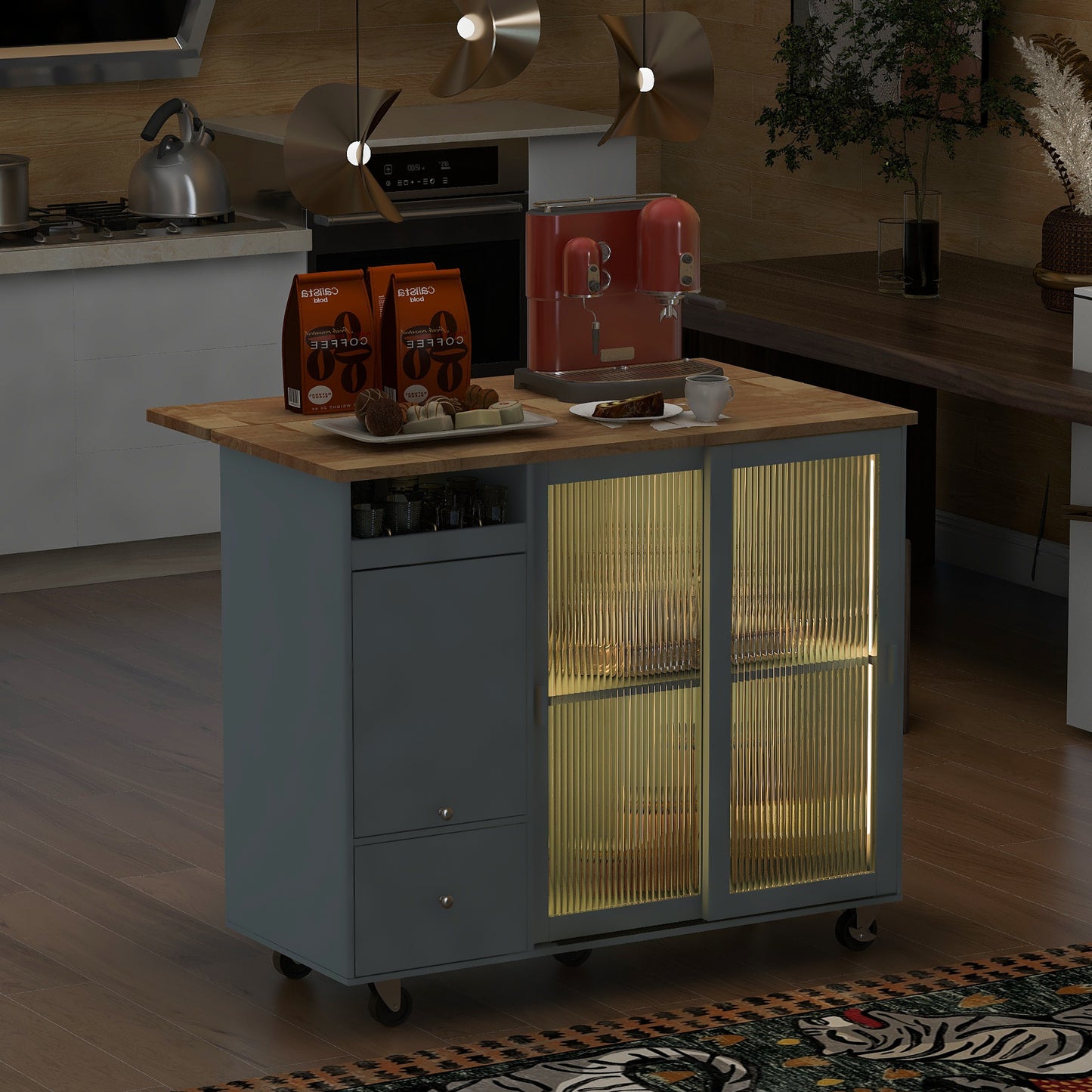 Melysen Kitchen Island with Drop Leaf, LED Light Kitchen Cart on Wheels with 2 Fluted Glass Doors and 1 Flip Cabinet Door, Large Kitchen Island Cart with an Adjustable Shelf and 2 Drawers (Grey Blue)