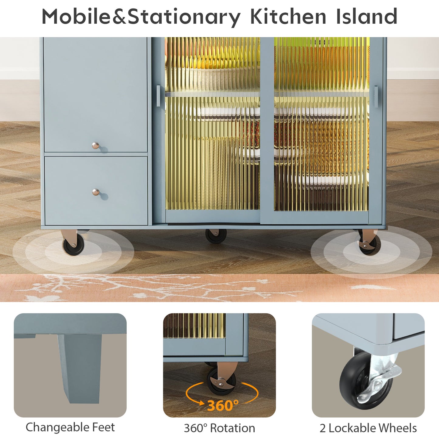 Melysen Kitchen Island with Drop Leaf, LED Light Kitchen Cart on Wheels with 2 Fluted Glass Doors and 1 Flip Cabinet Door, Large Kitchen Island Cart with an Adjustable Shelf and 2 Drawers (Grey Blue)