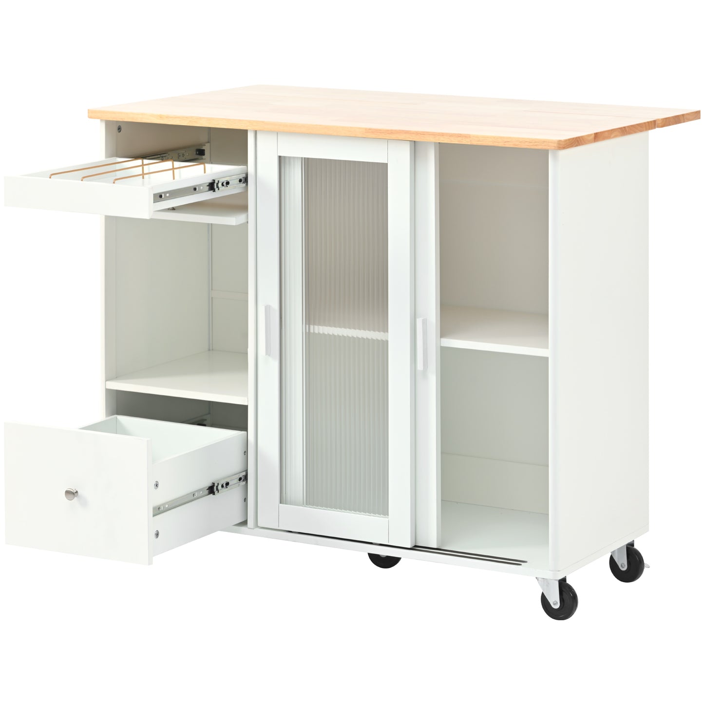 Melysen Kitchen Island with Drop Leaf, LED Light Kitchen Cart on Wheels with 2 Fluted Glass Doors and 1 Flip Cabinet Door, Large Kitchen Island Cart with an Adjustable Shelf and 2 Drawers (White)