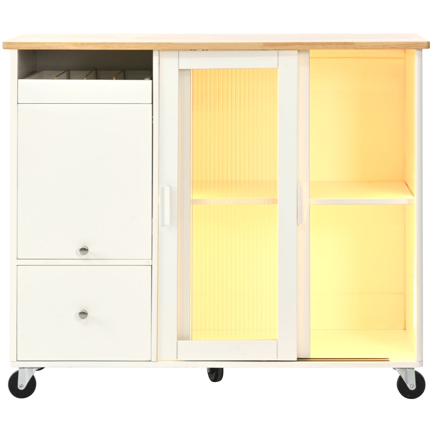 Melysen Kitchen Island with Drop Leaf, LED Light Kitchen Cart on Wheels with 2 Fluted Glass Doors and 1 Flip Cabinet Door, Large Kitchen Island Cart with an Adjustable Shelf and 2 Drawers (White)