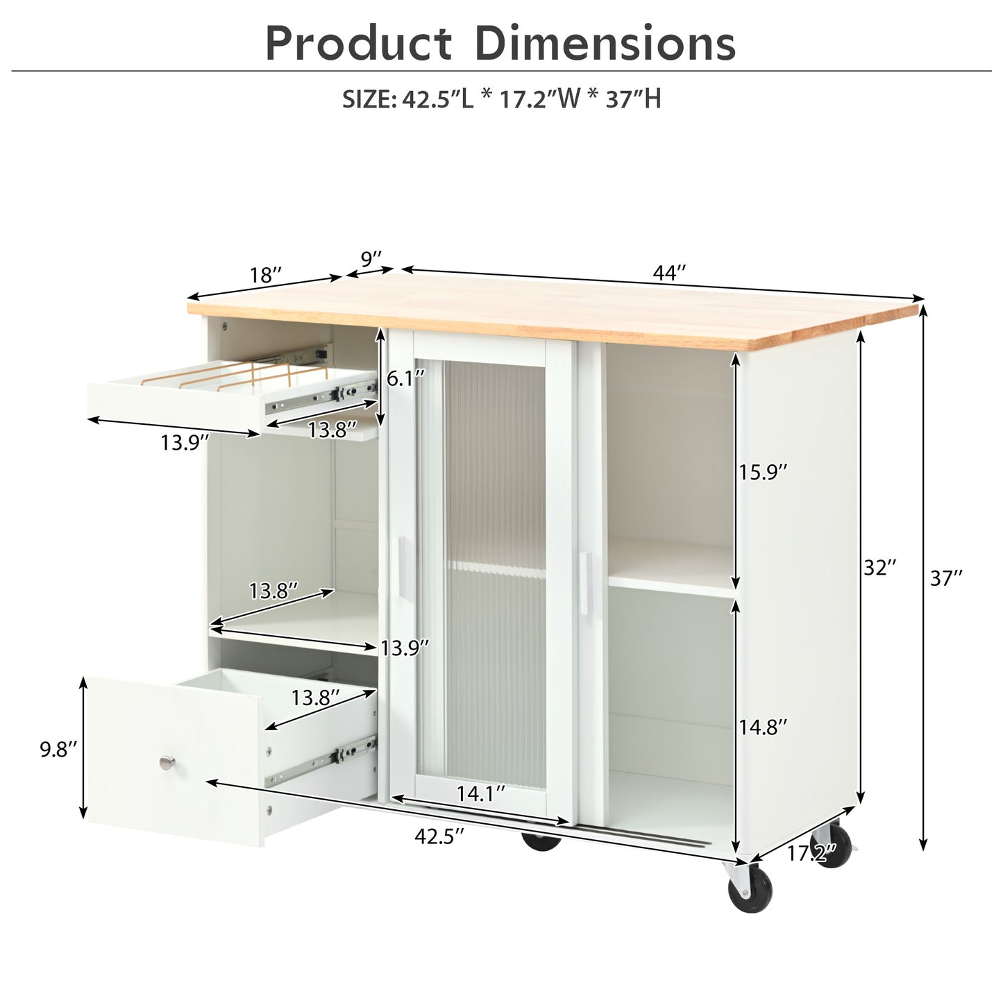 Melysen Kitchen Island with Drop Leaf, LED Light Kitchen Cart on Wheels with 2 Fluted Glass Doors and 1 Flip Cabinet Door, Large Kitchen Island Cart with an Adjustable Shelf and 2 Drawers (White)